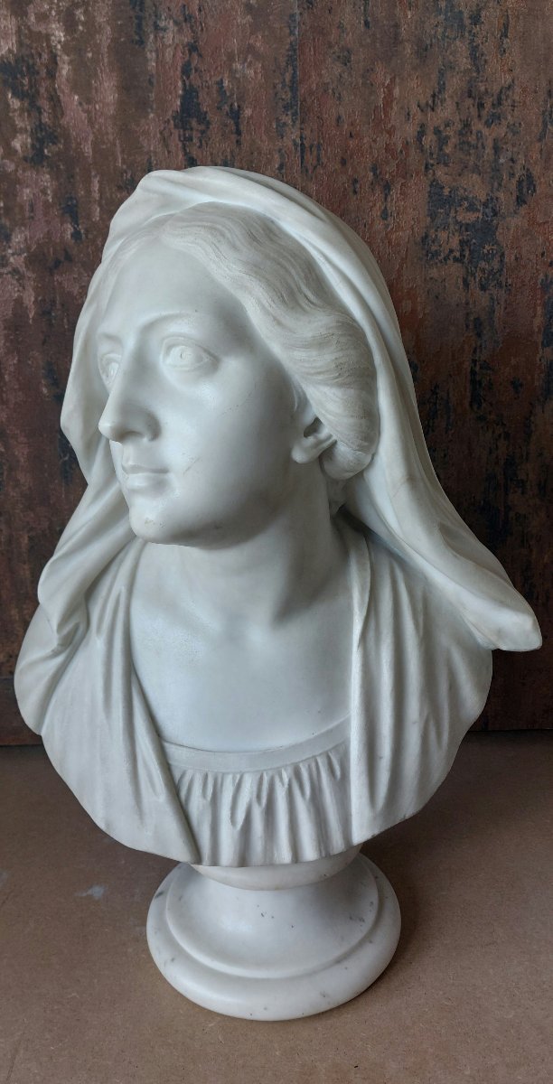 Veiled Woman Bust In White Carrara Marble – 19th Century-photo-2