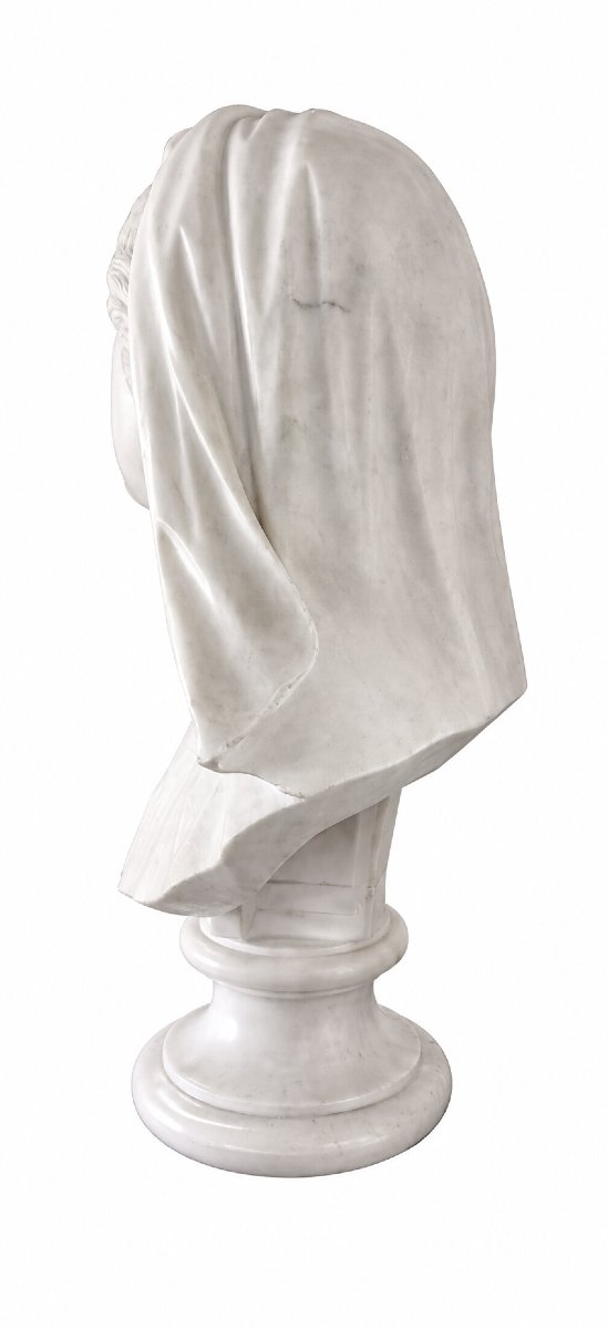 Veiled Woman Bust In White Carrara Marble – 19th Century-photo-3