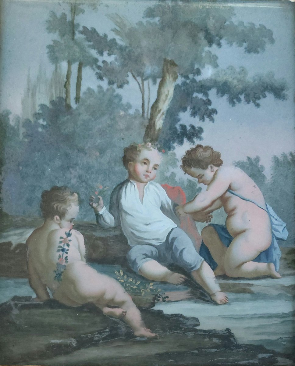 Peinture sous verre d'époque néoclassique – Scène allégorique aux putti-photo-2