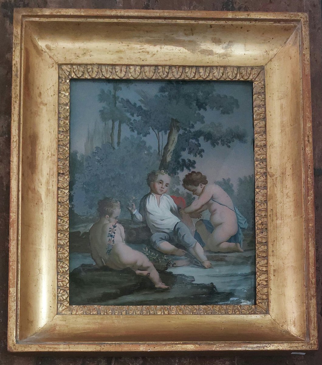 Peinture sous verre d'époque néoclassique – Scène allégorique aux putti