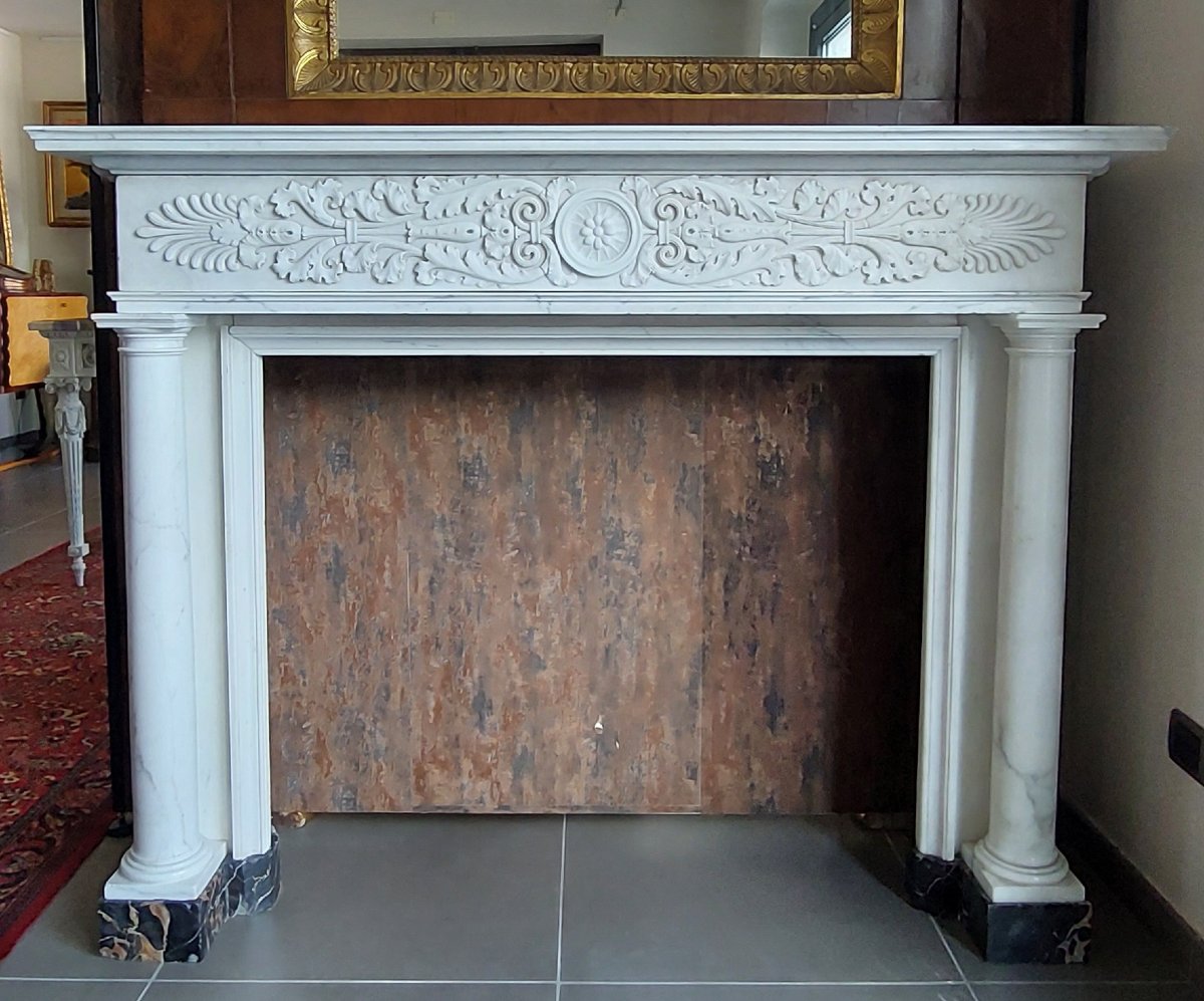 Neoclassical Fireplace In White Statuario Carrara Marble With Portoro Marble Plinths