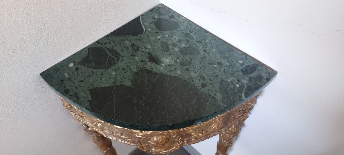 Louis XVI Giltwood Corner Console Table With Green Marble Top-photo-4