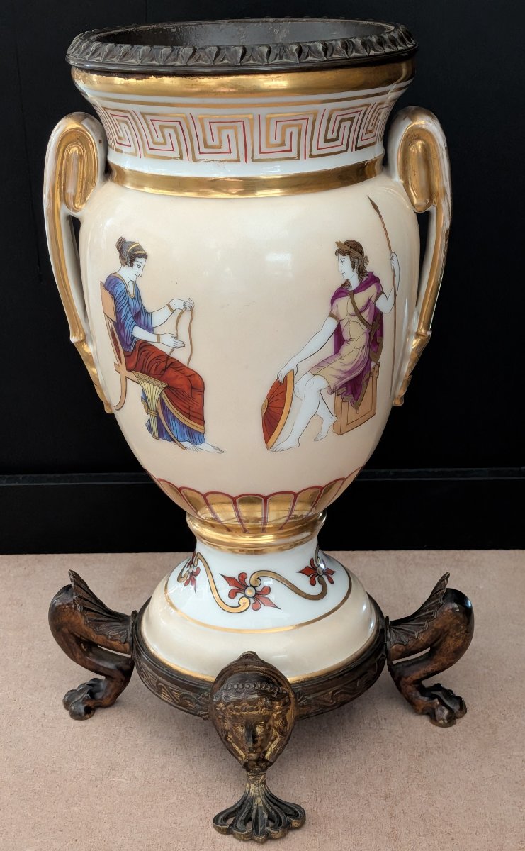 Pair Of Amphora-shaped Vases In Porcelain And Bronze – Neoclassical Style, 19th Century-photo-2