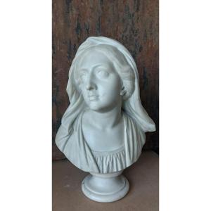 Veiled Woman Bust In White Carrara Marble – 19th Century