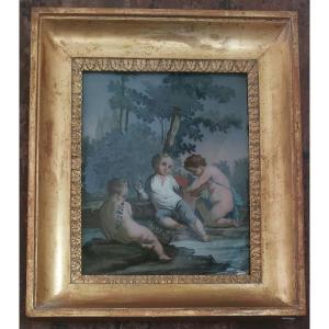 Neoclassical Reverse Glass Painting – Allegorical Scene With Putti