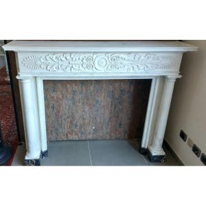 Neoclassical Fireplace In White Statuario Carrara Marble With Portoro Marble Plinths