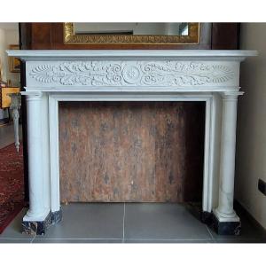 Neoclassical Fireplace In White Statuario Carrara Marble With Portoro Marble Plinths