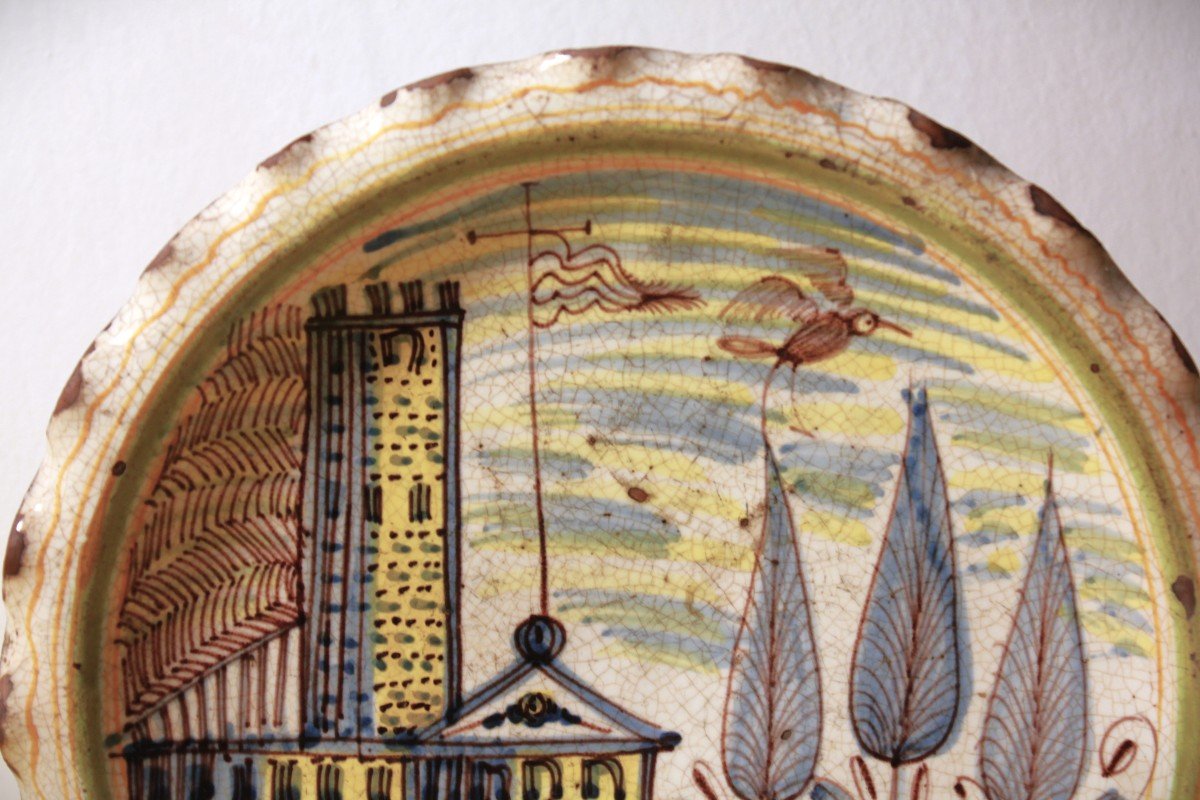  Riser Dish With Landscape Decoration, Polychrome Faience, 17th Century.-photo-2