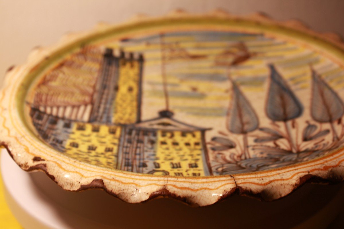  Riser Dish With Landscape Decoration, Polychrome Faience, 17th Century.-photo-3