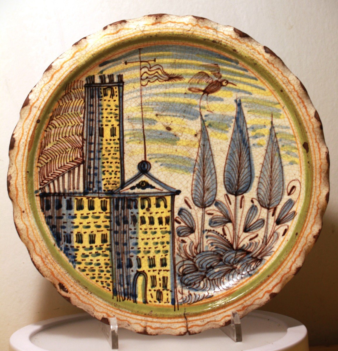  Riser Dish With Landscape Decoration, Polychrome Faience, 17th Century.