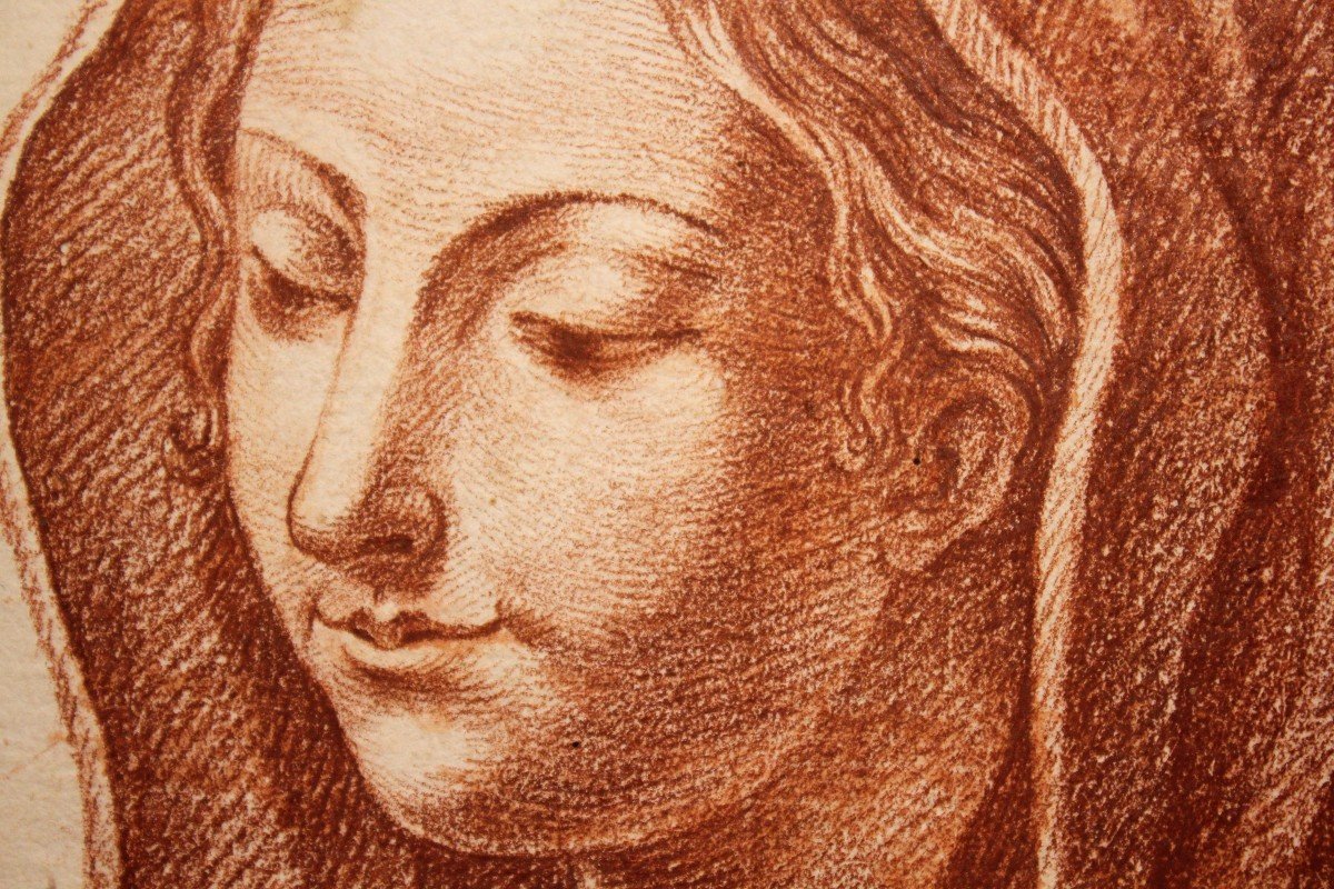 Madone - Dessin à La Sanguine Sur Papier - Bologne 18e Siècle Att. Mattioli-photo-3