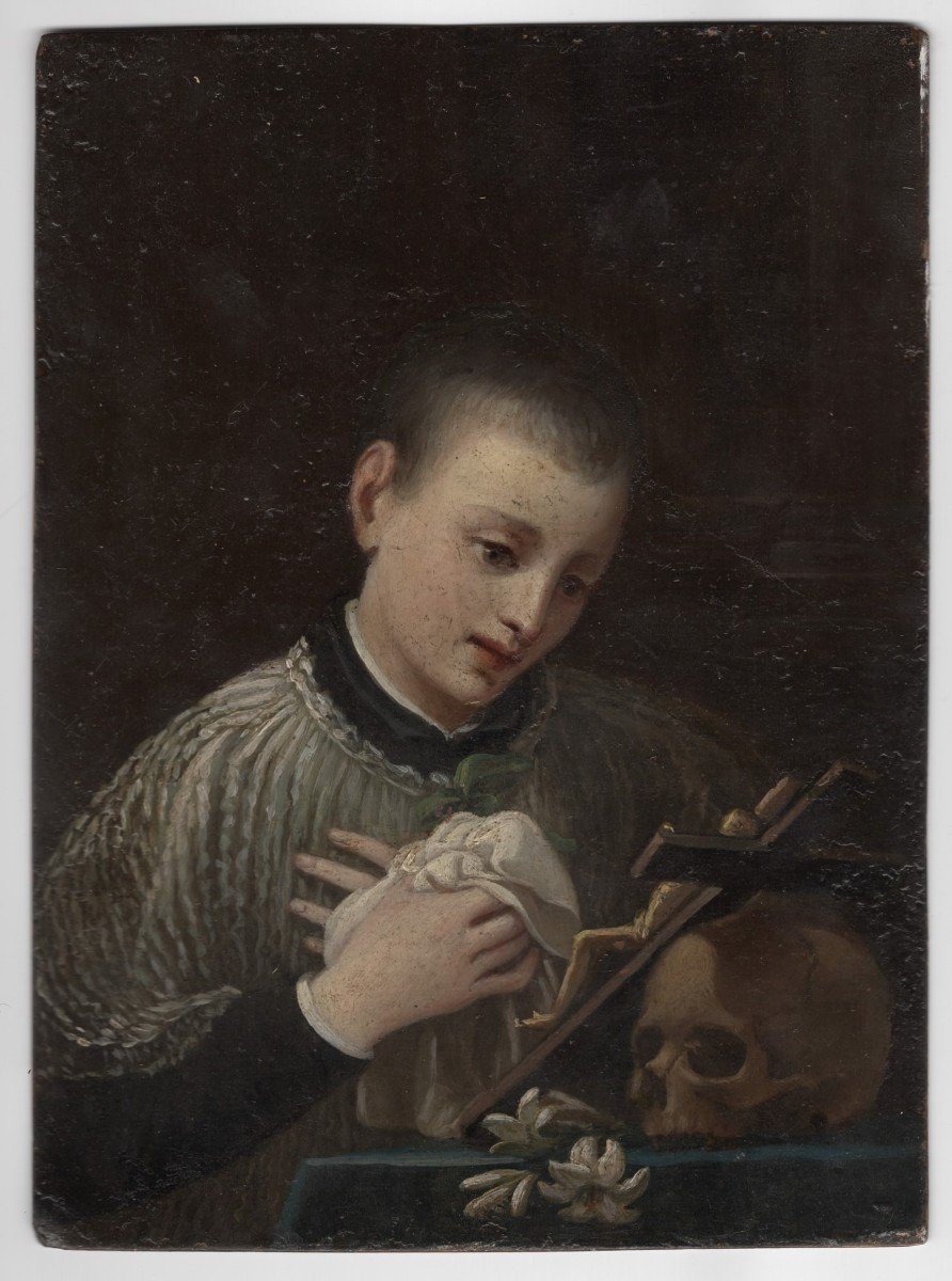 Peinture &agrave; l&#039;Huile Sur Cuivre Au Recto St. Louis Priant Au Verso Image Grav&eacute;e