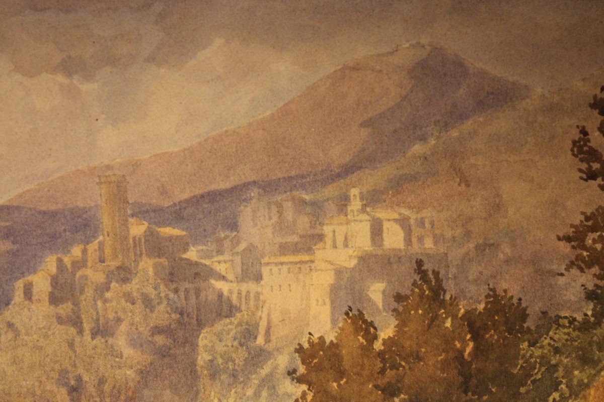 H. E. Château Romain De Coleman - Château De Rispoli Lac De Nemi. 1861   Aquarelle Sur Carton-photo-3