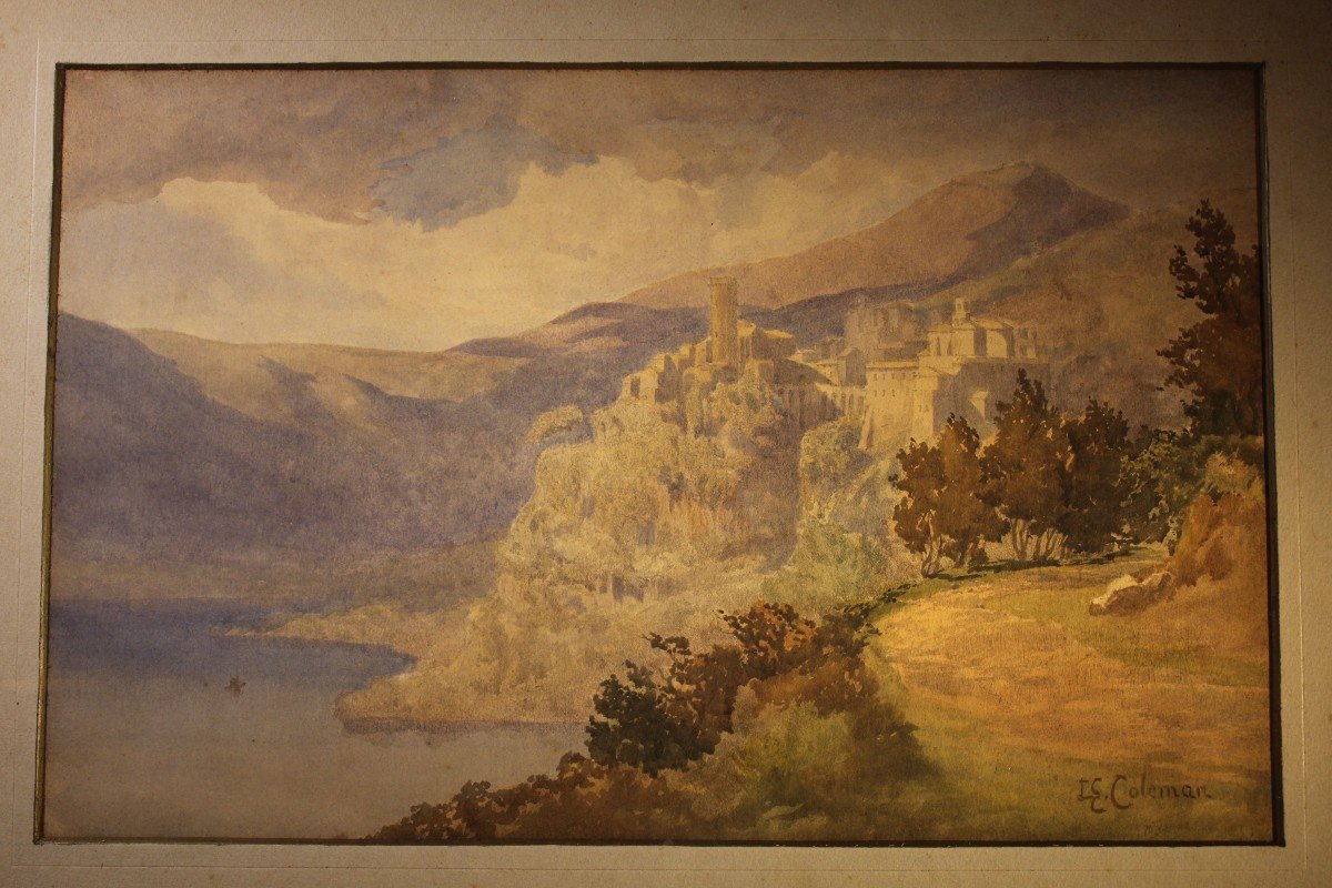 H. E. Château Romain De Coleman - Château De Rispoli Lac De Nemi. 1861   Aquarelle Sur Carton-photo-4