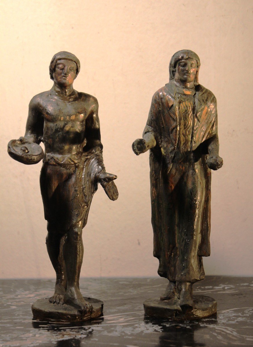 Minghetti Ceramics | Bronze Patina Ceramic Copy Of A Pair Of Etruscan Figures .
