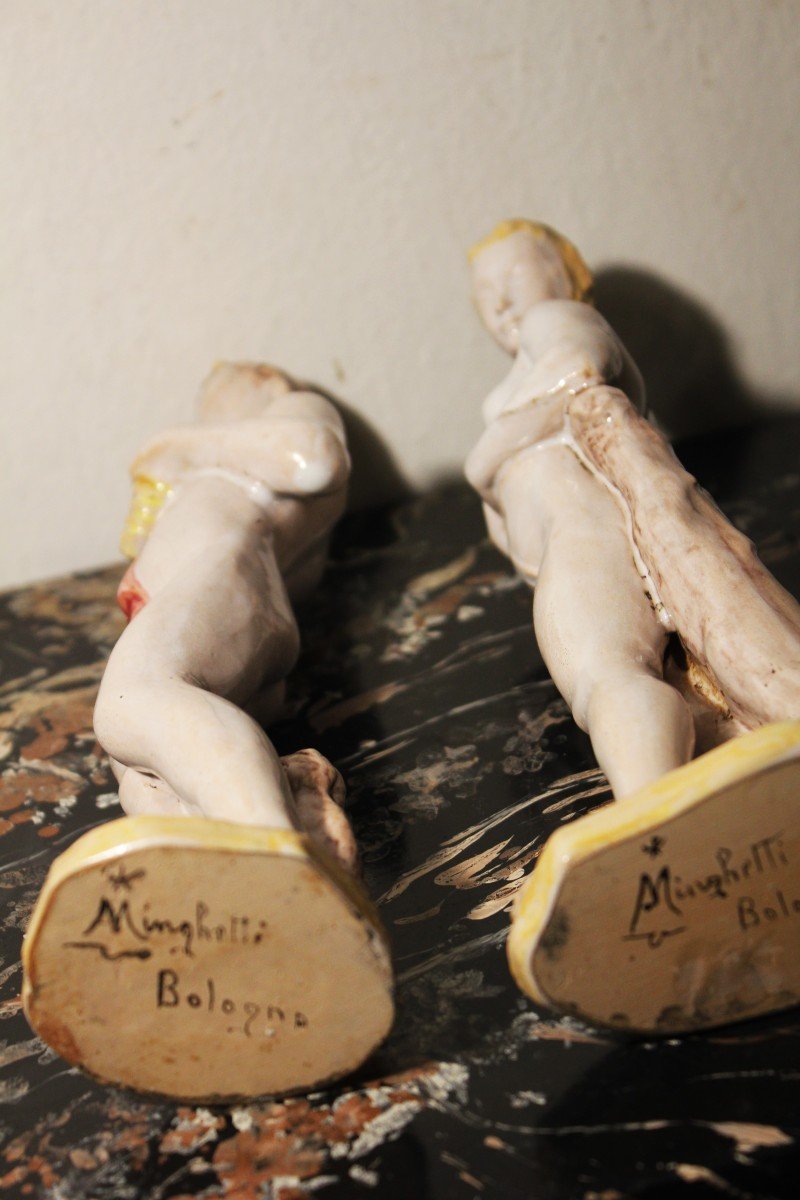 Manifattura Minghetti Bologna| Paire De Figures Mythologiques En Céramique Polychrome.-photo-2
