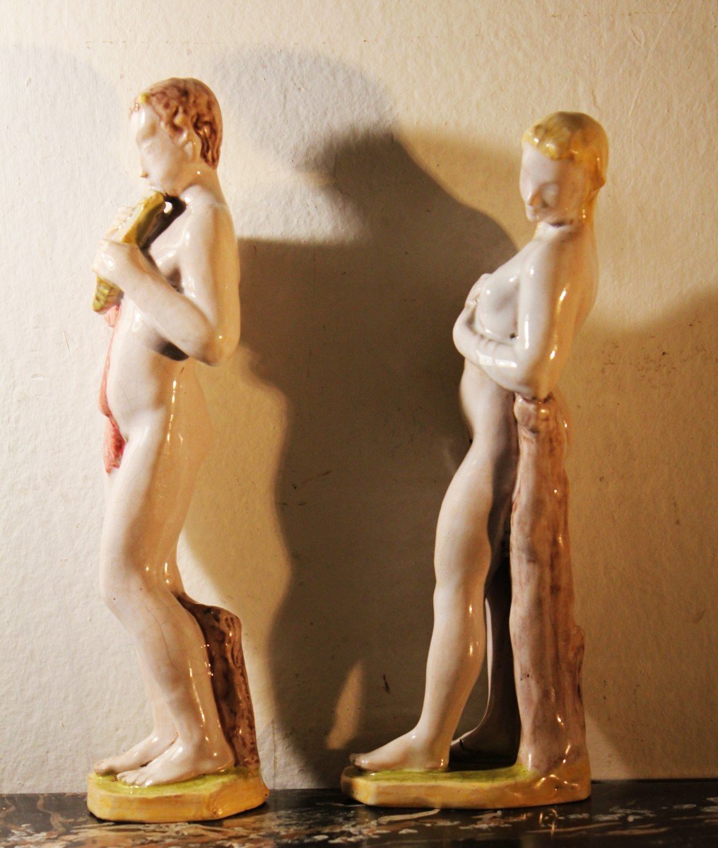 Manifattura Minghetti Bologna| Paire De Figures Mythologiques En Céramique Polychrome.-photo-3
