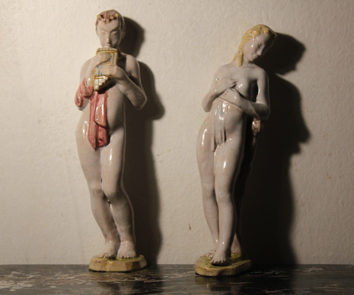 Manifattura Minghetti Bologna| Paire De Figures Mythologiques En Céramique Polychrome.-photo-1