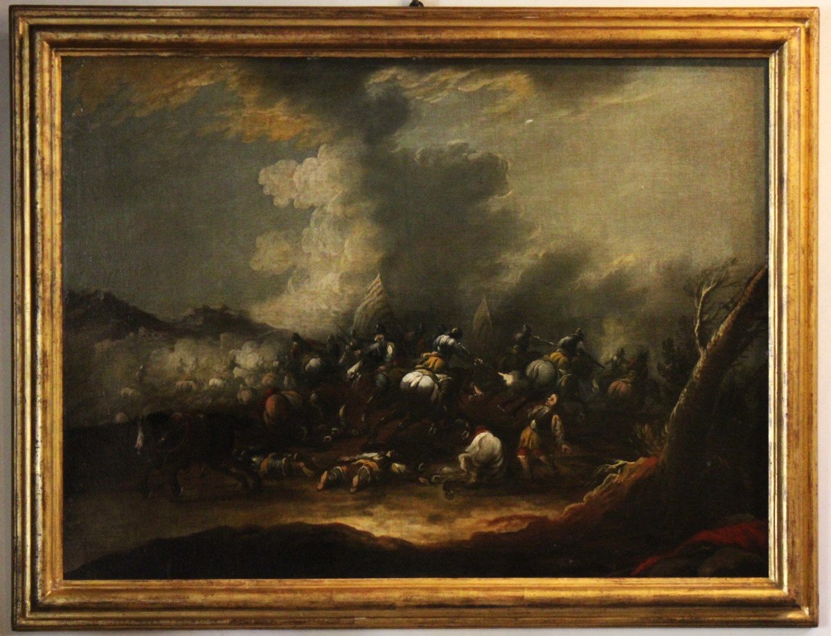 Oil Painting On Canvas 'battle' 17th-18th Century