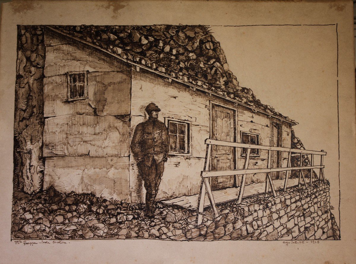 Dessins à l'Encre De Chine  1918 Cabane Et Taverne Militaires Mt. Grappa -Grande guerre-photo-2