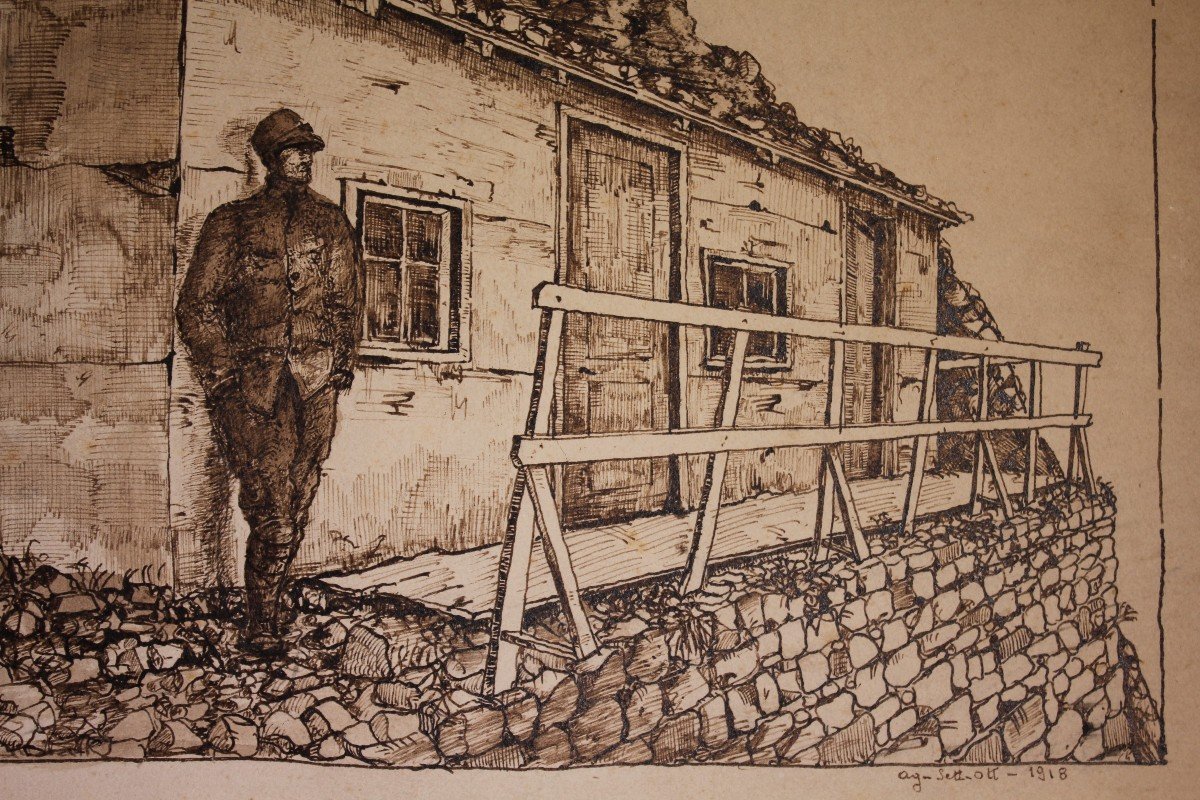 Dessins à l'Encre De Chine  1918 Cabane Et Taverne Militaires Mt. Grappa -Grande guerre-photo-5