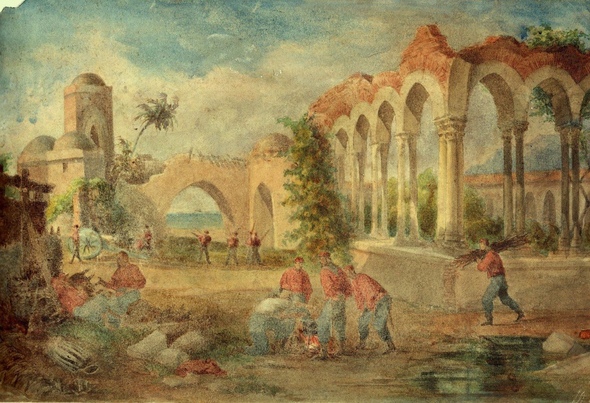 Aquarelle Sur Papier 19e Siècle Camp Militaire De Garibaldi (naxos ?)