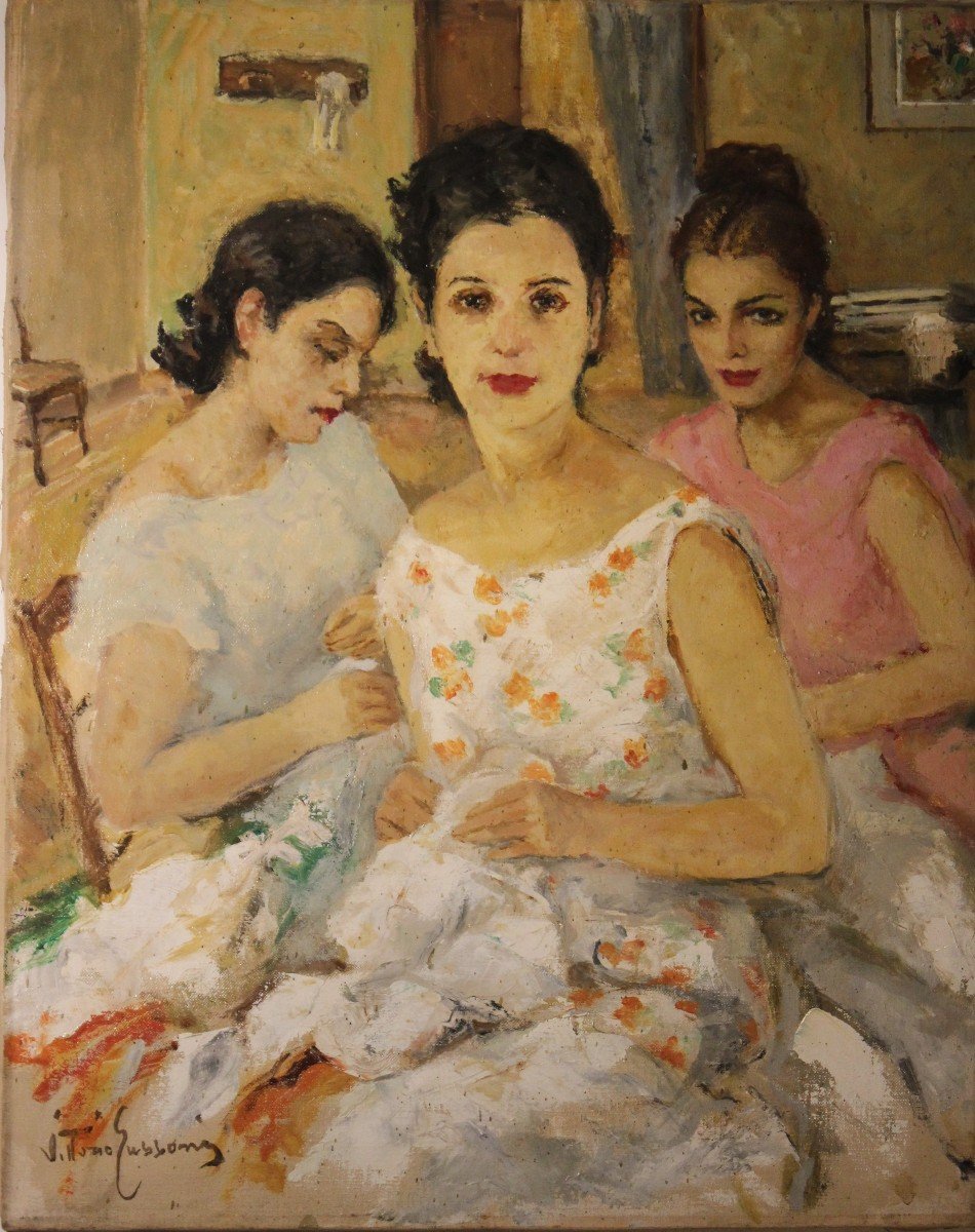 Vittorio Gussoni (1893-1968) Atelier De Madame Remy - Paris 1952 Huile Sur Toile-photo-2