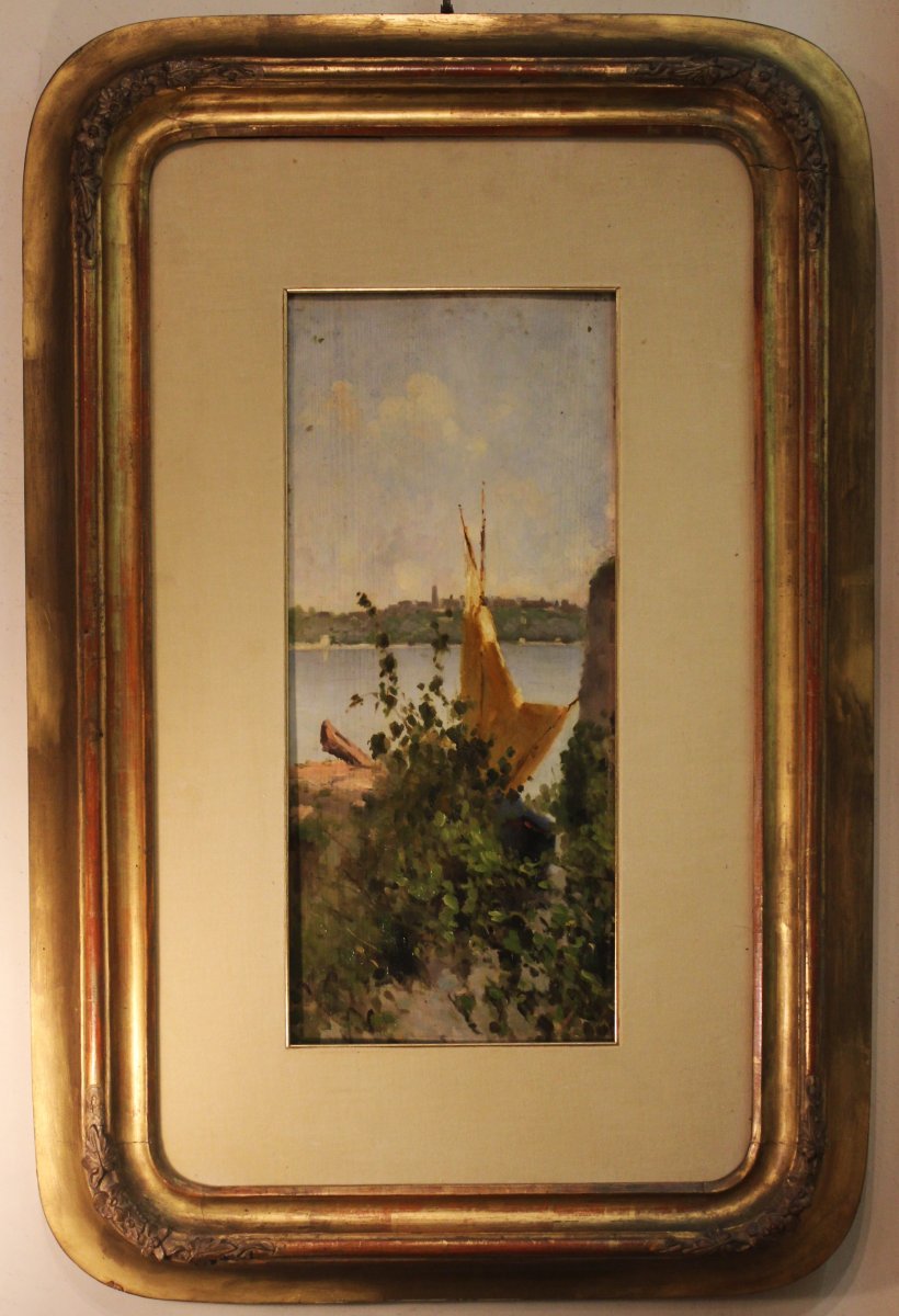 Anonymous Italian Painter Active Between The 19th And 20th Century Landscape With Moored Boat -photo-2