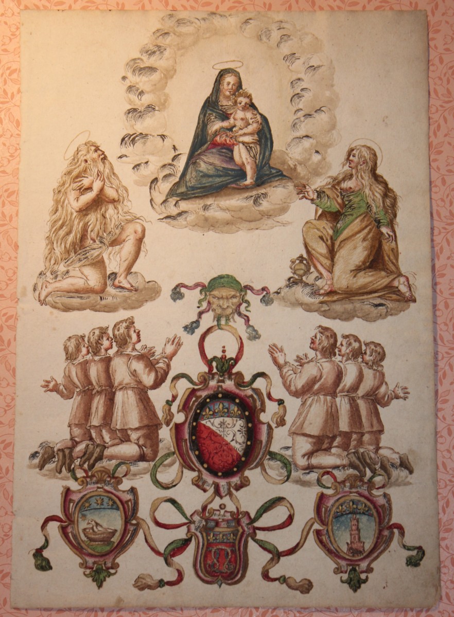Vision Céleste Avec La Vierge Et l'Enfant, Saint Onofrio, Madeleine Et Les Fidèles. Gouache