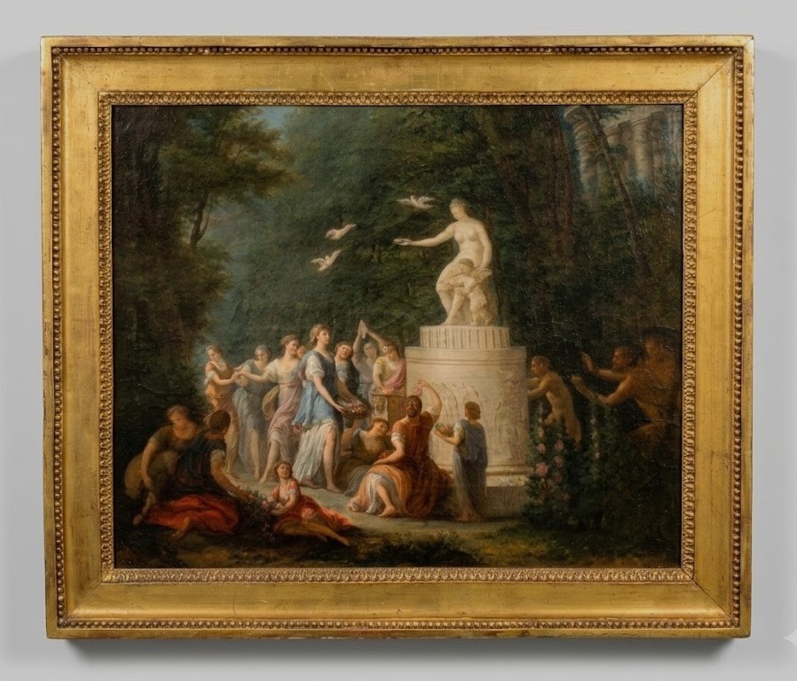 École française, « Hommage à Vénus et Cupidon dans un paysage arcadien », huile sur toile. 