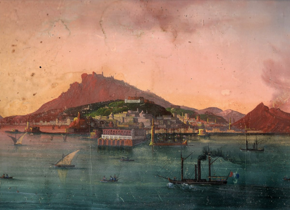  "the Gulf Of Naples With The Steamship Real Ferdinando I°," Tempera On Paper-photo-3