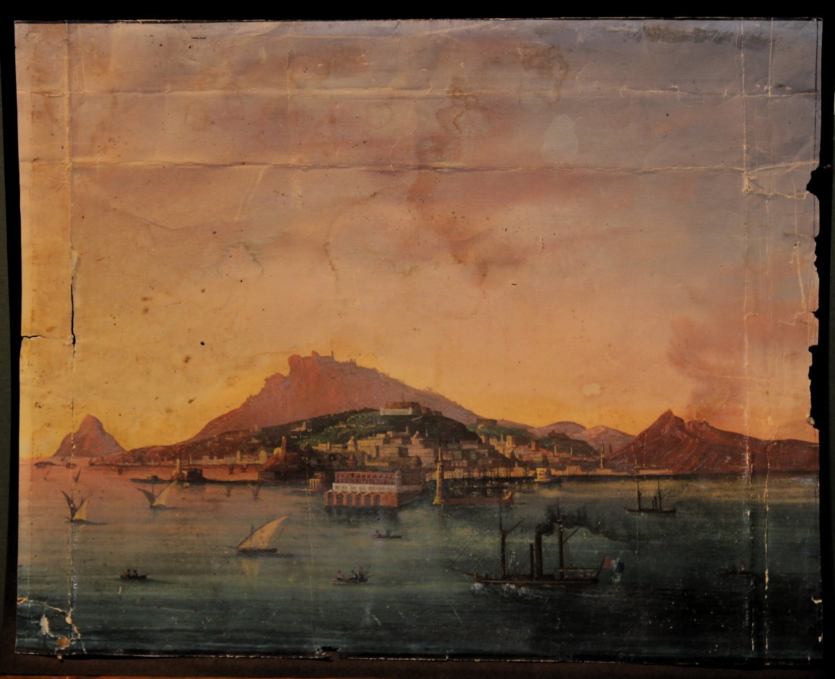  "the Gulf Of Naples With The Steamship Real Ferdinando I°," Tempera On Paper-photo-1