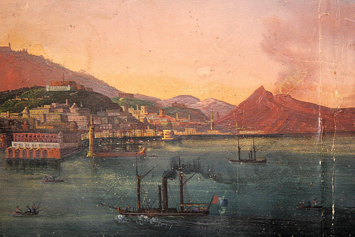  "the Gulf Of Naples With The Steamship Real Ferdinando I°," Tempera On Paper