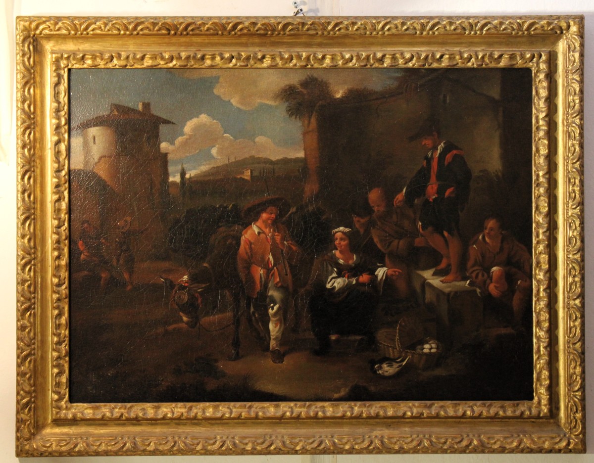 « Homme aux pieds nus devant un panier d'œufs », huile sur toile, XVIIe siècle.