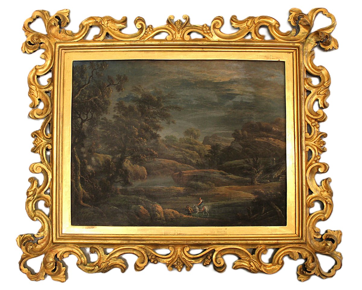 River Landscape, Tempera On Canvas, Bologna 1802, Attributed To Fancelli And Zanotti