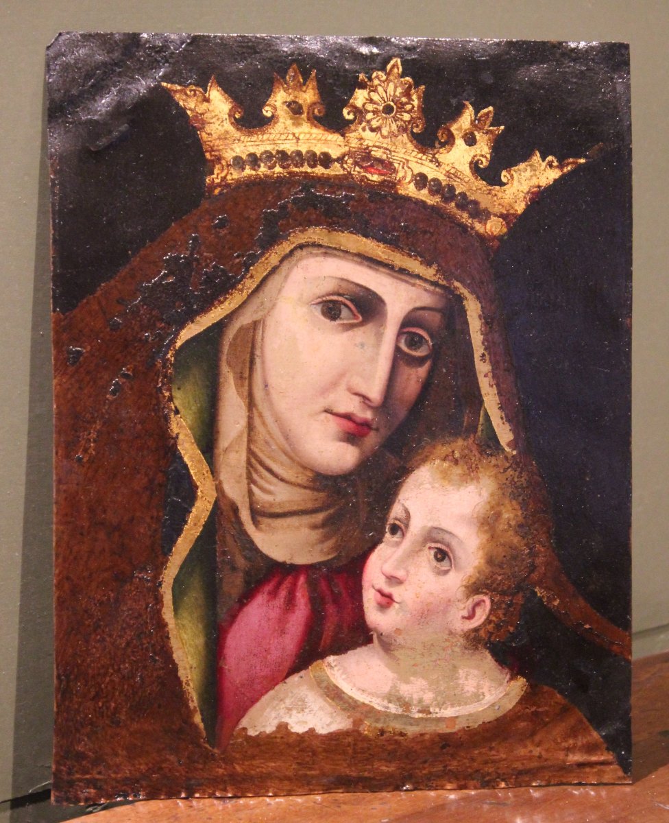 Notre-Dame du Pèlerin avec l’Enfant Huile sur plaque de cuivre, XVIIIe siècle