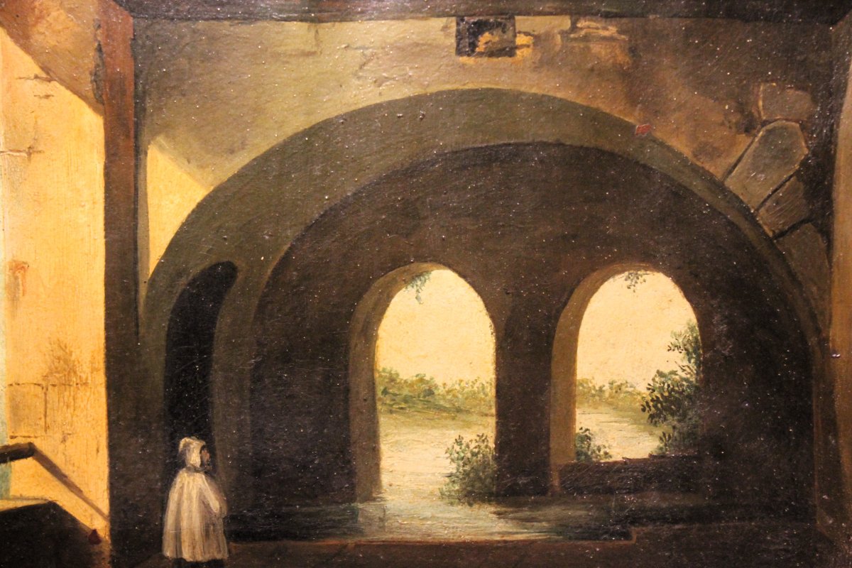Un moine parmi les arcades | Peinture à l'huile sur carton datant de la première moitié du XIXe-photo-4
