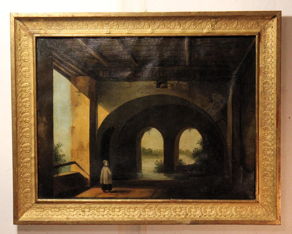 Un moine parmi les arcades | Peinture à l'huile sur carton datant de la première moitié du XIXe