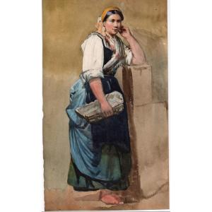 Anonyme Italien Du Milieu Du 19ème Siècle "jeune Fille Au Panier".