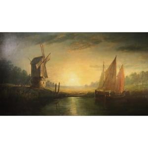 Dutch Landscape With Boats, Oil On Canvas 1871