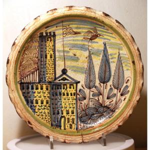  Riser Dish With Landscape Decoration, Polychrome Faience, 17th Century.