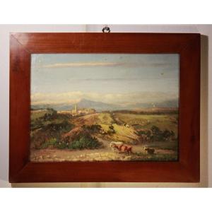 Alpine Landscape, Oil On Cardboard 19th Century +watercolour Villa With Italian Garden On Back 