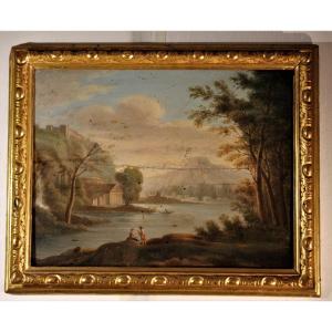 Oil Painting On Panel | Landscape With Classical Temple And Figures