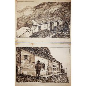 Dessins à l'Encre De Chine  1918 Cabane Et Taverne Militaires Mt. Grappa -Grande guerre