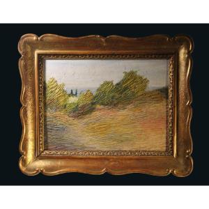Divisionist Painting 'landscape With Fields' Oil On Cardboard, Early 20th Century.