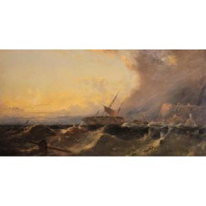 William Henry Williamson (1820 – 1883) « Falaise sous la tempête »1873  Huile sur carton pressé