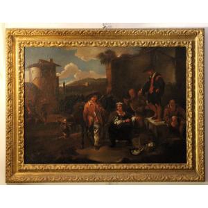 « Homme aux pieds nus devant un panier d'œufs », huile sur toile, XVIIe siècle.