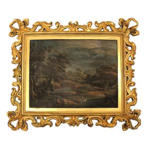 River Landscape, Tempera On Canvas, Bologna 1802, Attributed To Fancelli And Zanotti