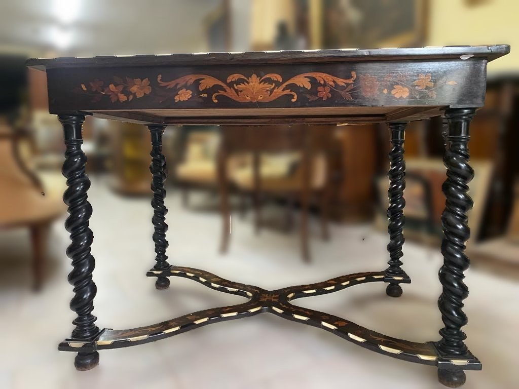 Center Desk Table With Chair, Louis XIV France Style, Nineteenth Century Inlays In Various Woods, Ivories.-photo-4