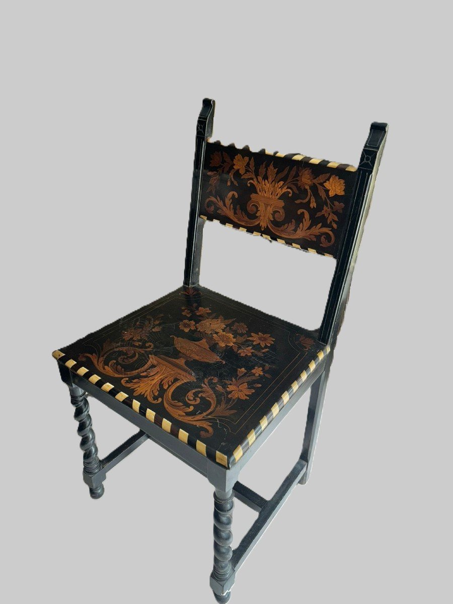 Center Desk Table With Chair, Louis XIV France Style, Nineteenth Century Inlays In Various Woods, Ivories.-photo-1